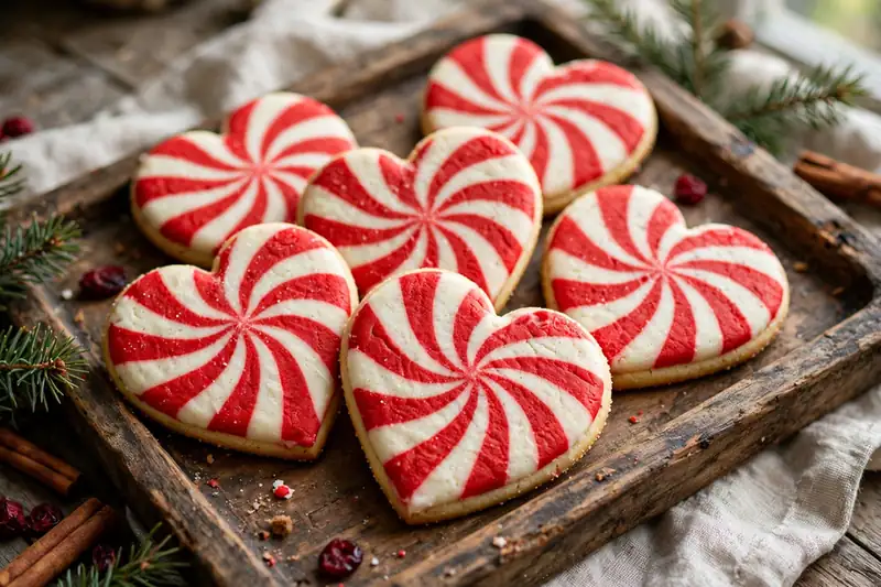 Red and white striped heart-shaped Christmas cookies on a wooden tray