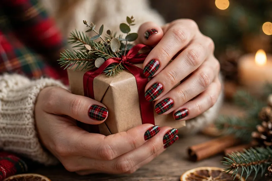 Classic red and green tartan plaid nails