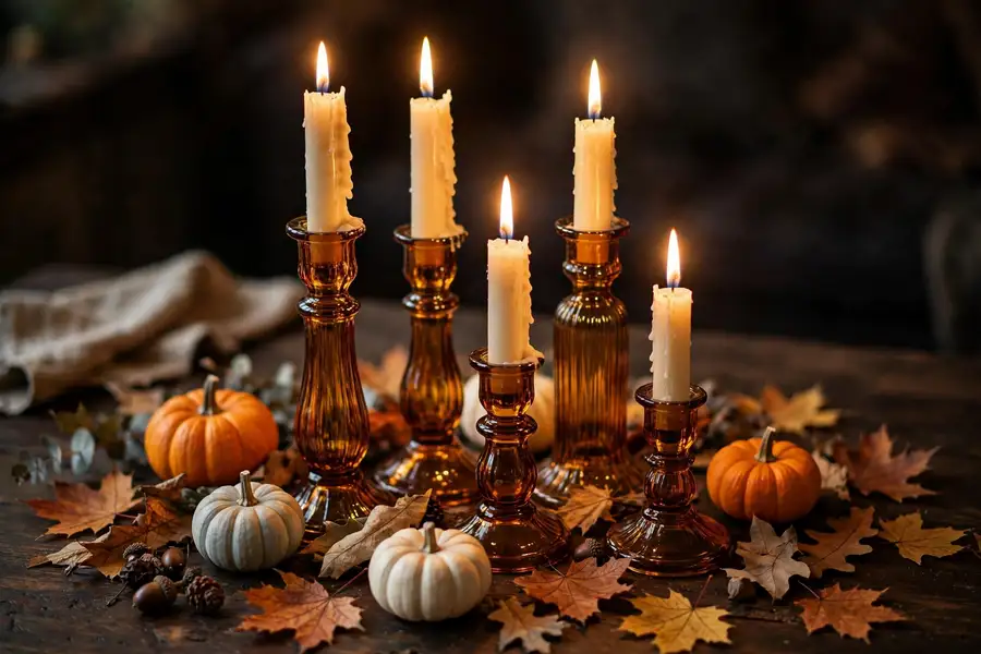 Amber glass candlesticks with lit taper candles as thanksgiving table decor