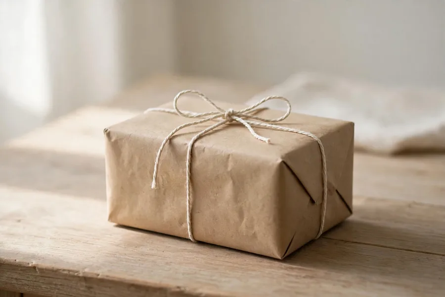 A Christmas gift wrapped in brown kraft paper tied with natural cotton twine on a wooden table