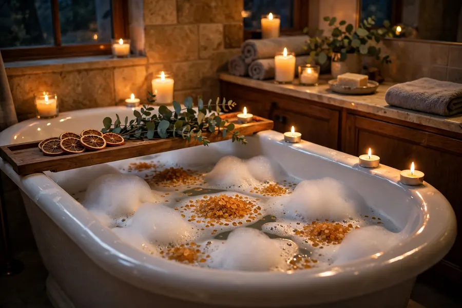 Candlelit bath with autumn bath salts for a cozy fall self care routine