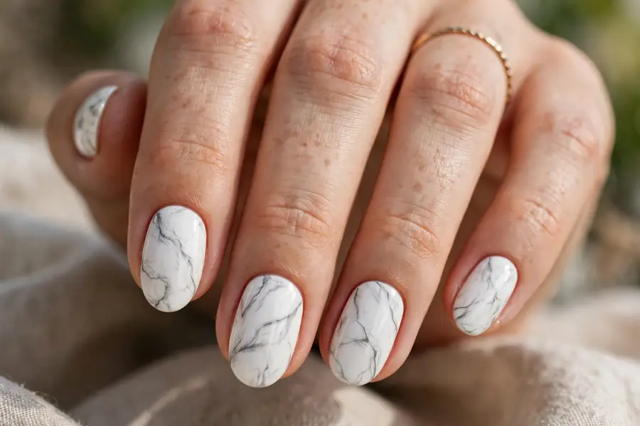 Classic Carrara white marble nails with delicate grey veins
