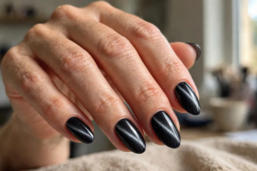 Deep midnight black cat-eye nails with silver stripe