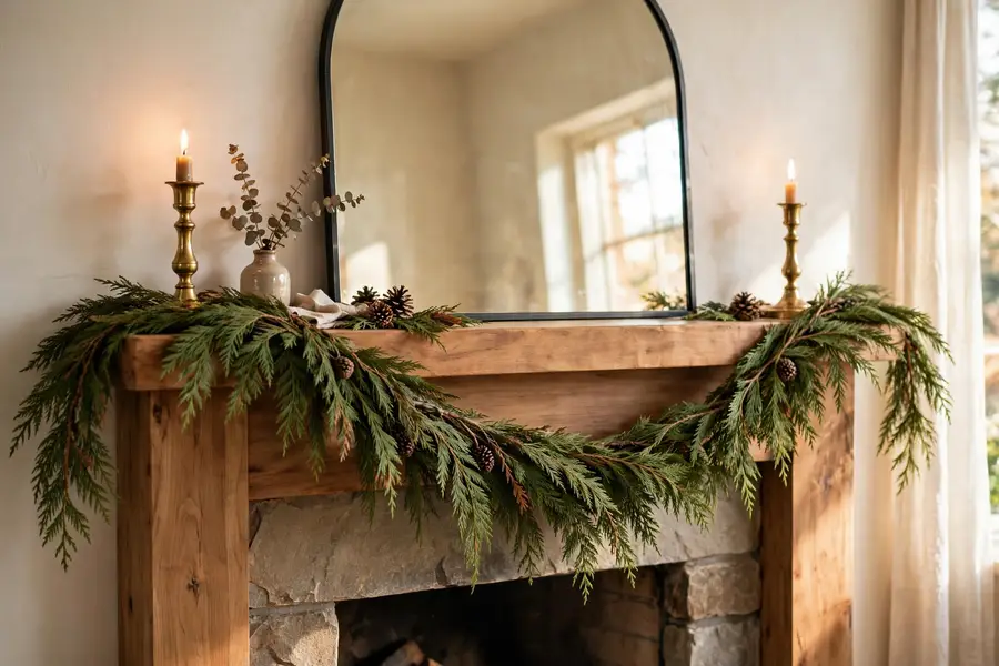 Fresh cedar garland draped across a fireplace mantel with warm candlelight