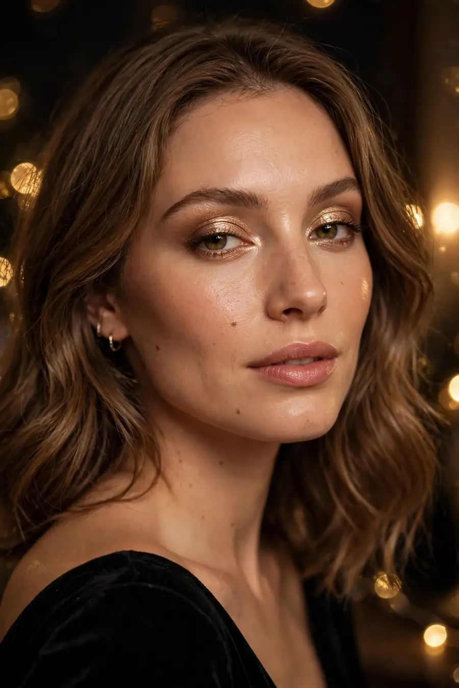 Woman wearing a classic champagne gold eyeshadow look with glowing skin for New Year's Eve