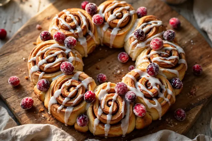 Warm cinnamon roll wreath with white icing and sugared cranberries on a wooden board