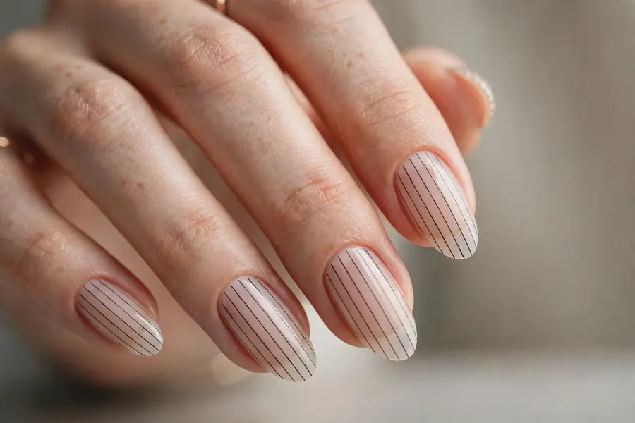 Black pinstripe almond nails stripes over a sheer nude base on real hands