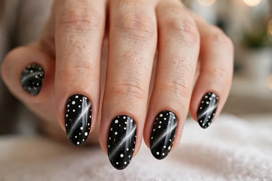 Classic black polka dot cat eye nails with white dots on almond nails