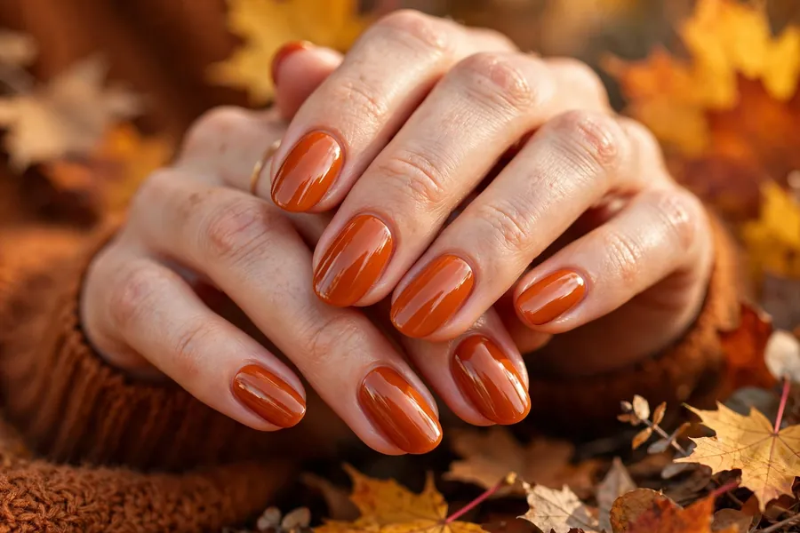 Classic burnt orange glossy Thanksgiving nails