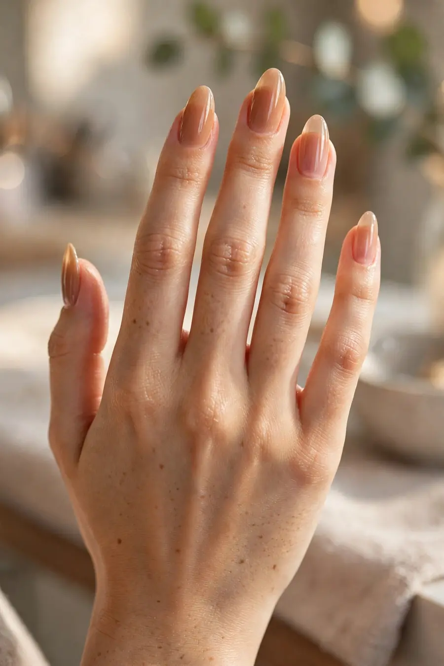 Sheer caramel nude nails on almond-shaped nails, glossy everyday manicure
