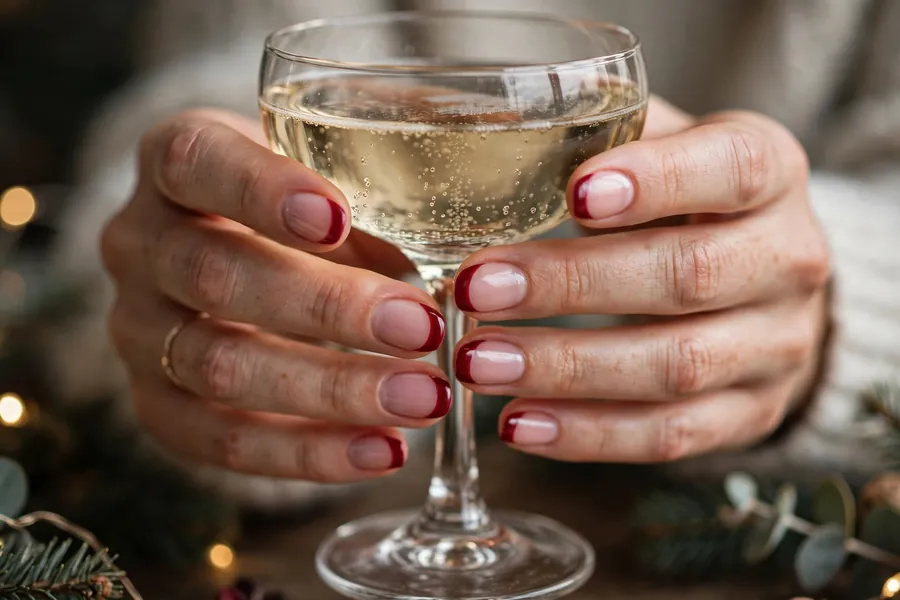 Classic crimson Christmas French tip nails on real hands holding a champagne coupe