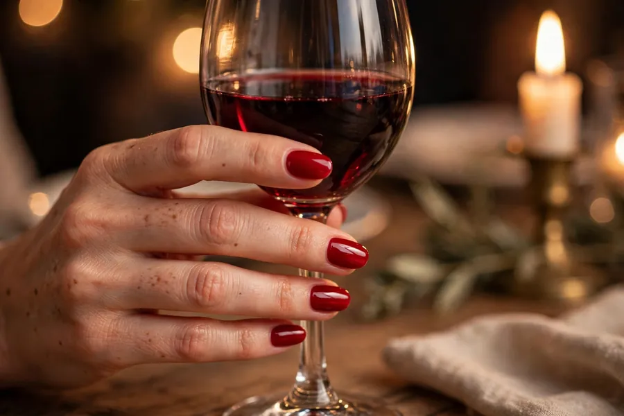 Crimson red glossy date night nails on real hands holding a wine glass