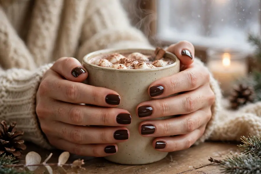 Dark chocolate glossy hot chocolate nails on real hands holding a warm mug