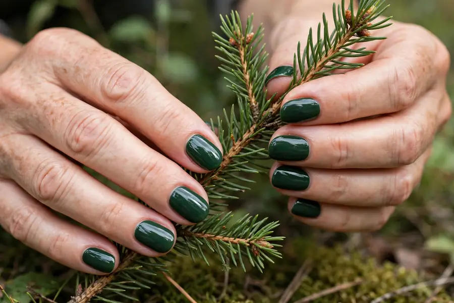 Deep evergreen green glossy nails on real hands holding a pine branch
