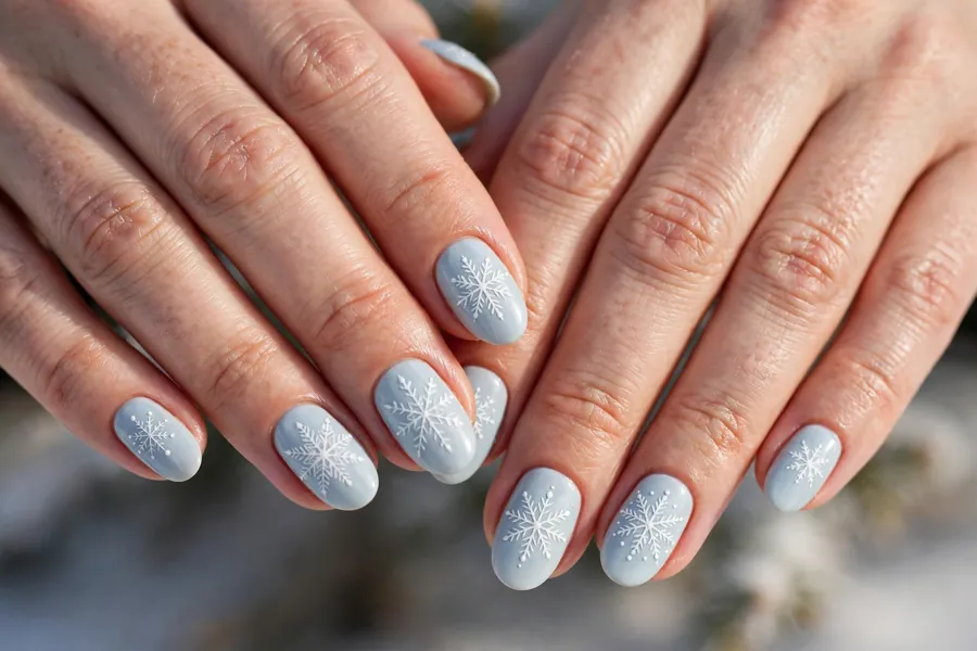 Classic white snowflake nail art on a soft pale blue base on real hands