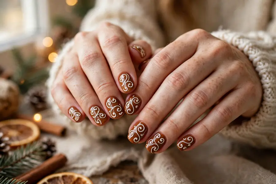 Warm classic gingerbread brown nails with white icing swirls on real hands