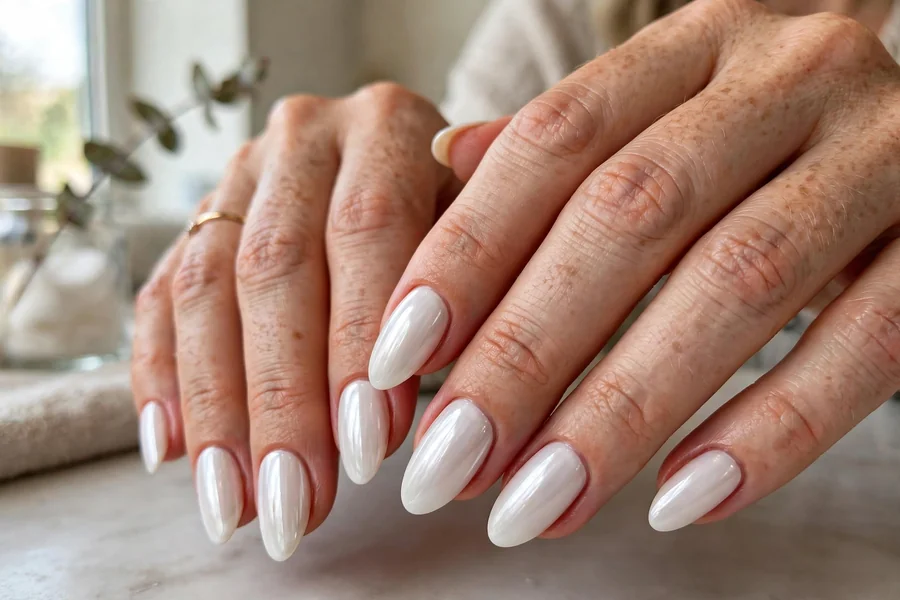 Milky white chrome nails in a classic almond shape on real hands