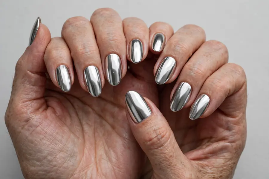 Mirror shine silver chrome nails on real hands against a light grey background