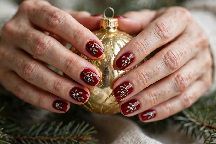 Classic mistletoe sprig painted on deep red mistletoe nails on real hands holding a Christmas ornament