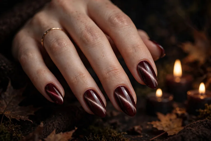 Classic oxblood dark red cat eye nails with a luminous magnetic stripe