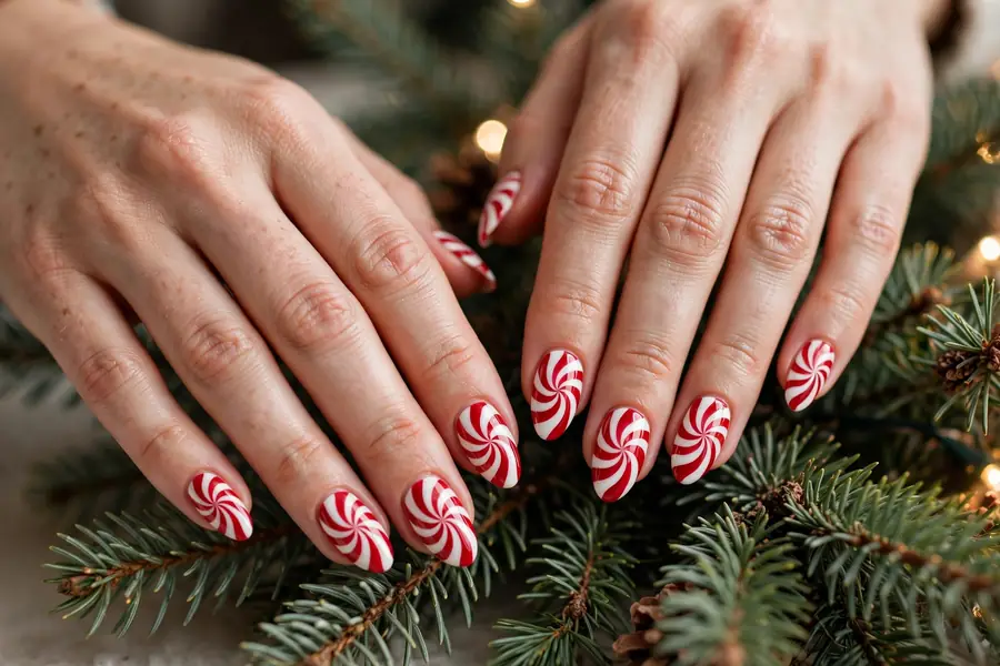 Red and white classic peppermint swirl nails on real hands