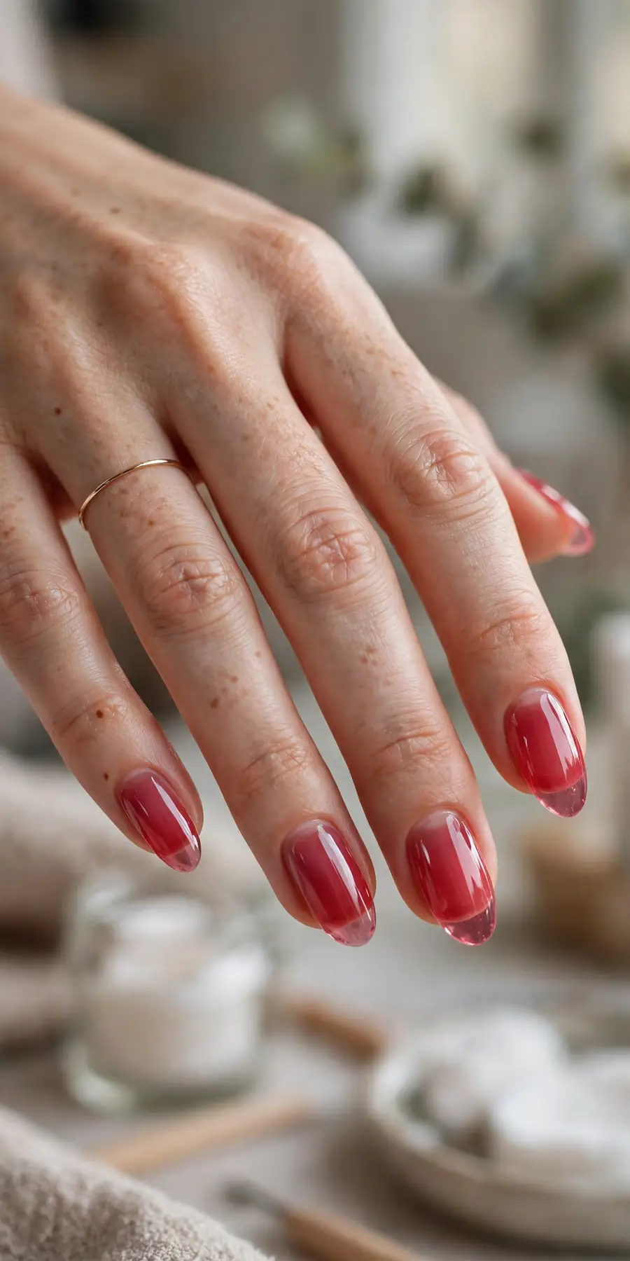 Classic sheer raspberry jelly nails on almond-shaped nails with a glossy finish