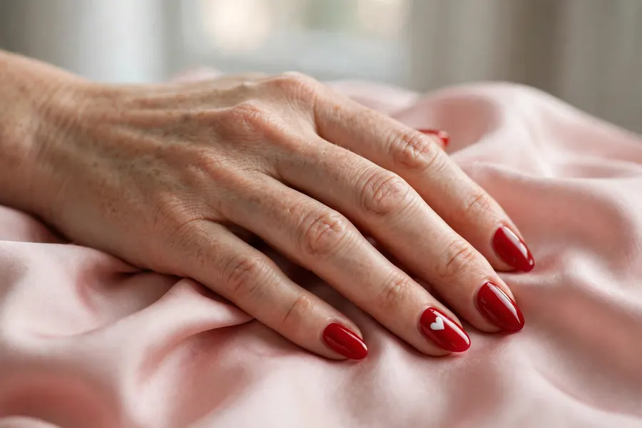 Classic red Valentine's Day nails with tiny white heart accents