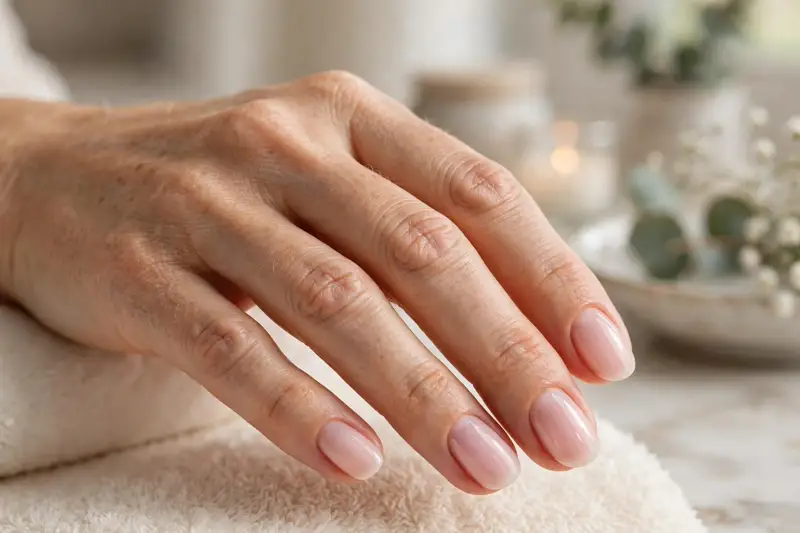 Classic sheer pink bubble bath nails on real hands