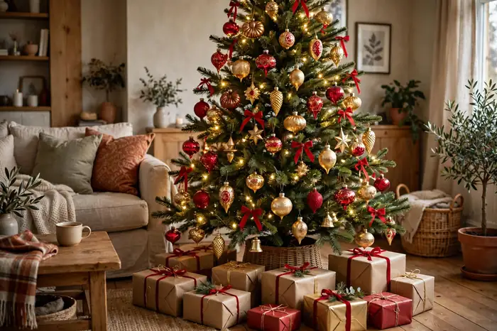 Living room Christmas tree with classic red and gold ornaments and warm lights for christmas decor ideas