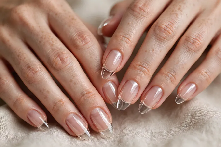 Clear transparent glass nails on real hands with high-gloss finish