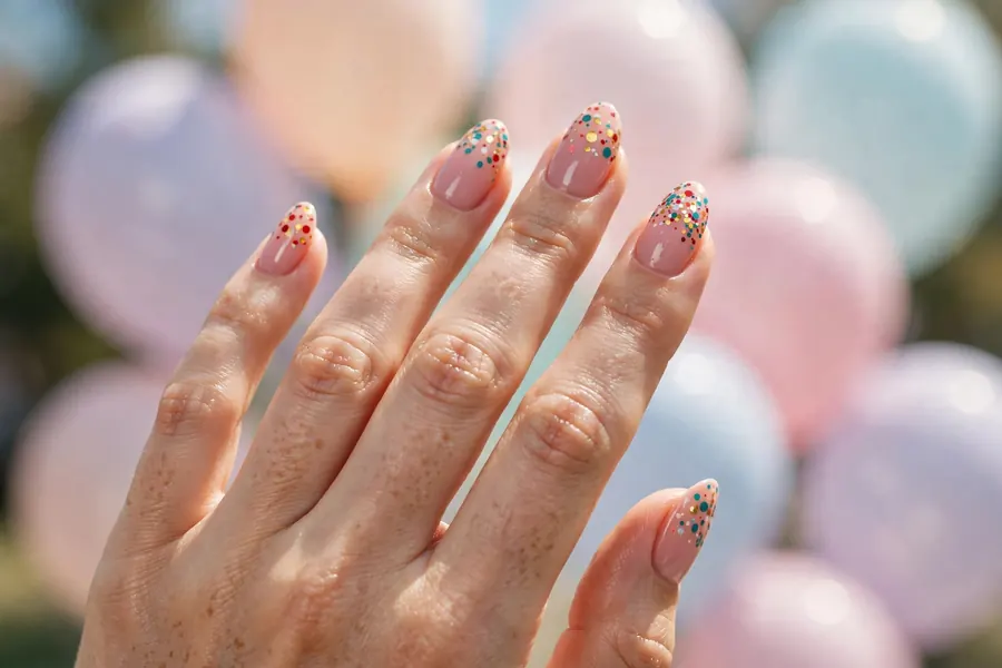 Blush pink birthday nails with colorful confetti dots