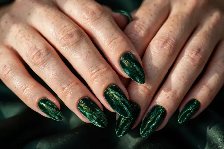 Emerald green velvet nails with plush magnetic shimmer on real hands