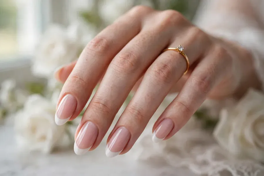 Classic French bridal nails with crisp white tips on a bride's hand