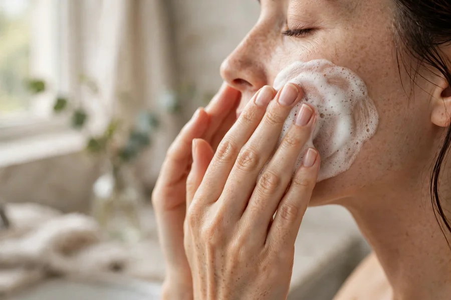 Cream cleanser being massaged onto skin in soft morning light