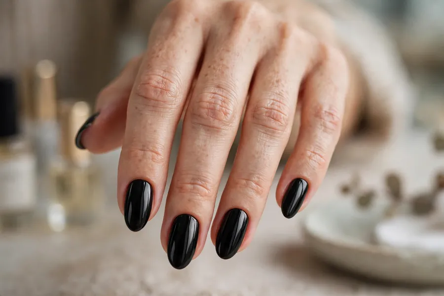 Glossy jet black almond nails, classic black nails manicure