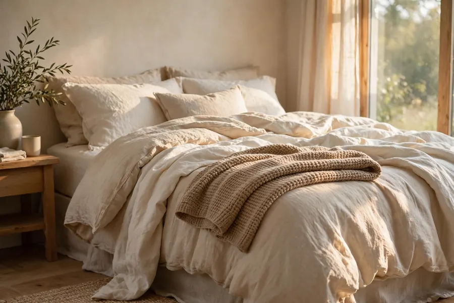cozy bedroom with layered cream and oat bedding and soft pillows