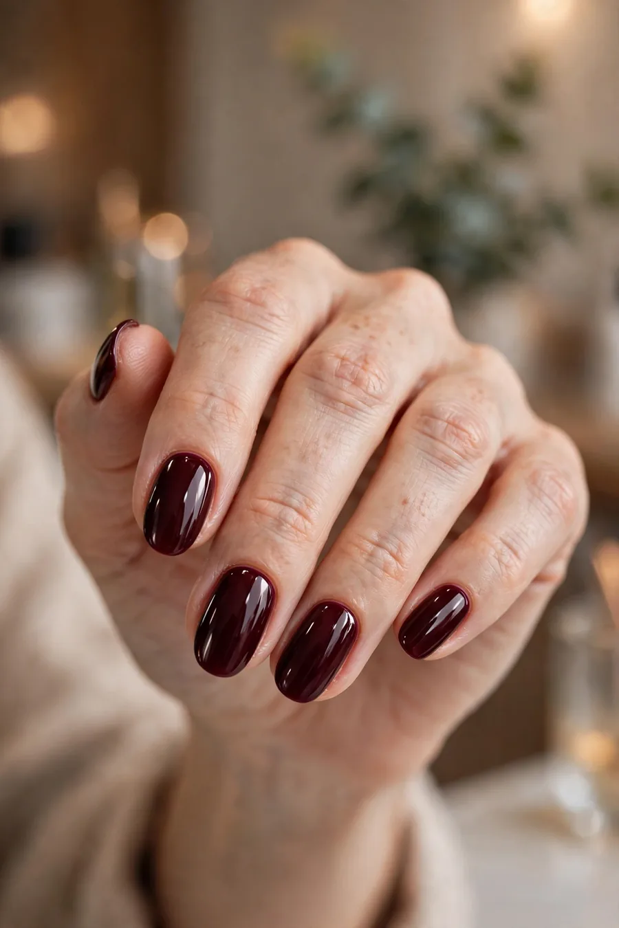 Glossy deep burgundy merlot nails on a real hand