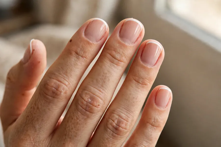Classic white micro French tip nails on sheer nude base