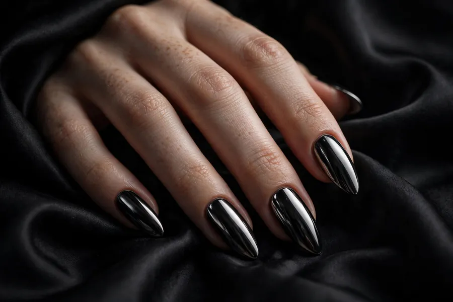 Midnight black gothic chrome nails in a mirror shine on almond nails