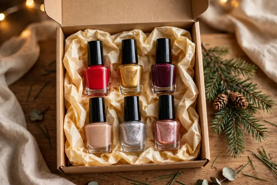 Mini nail polish gift set in holiday shades of red, gold, berry, nude and glitter