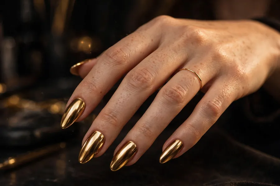 Woman's hand with molten gold mirror chrome nails in a liquid-metal gold finish