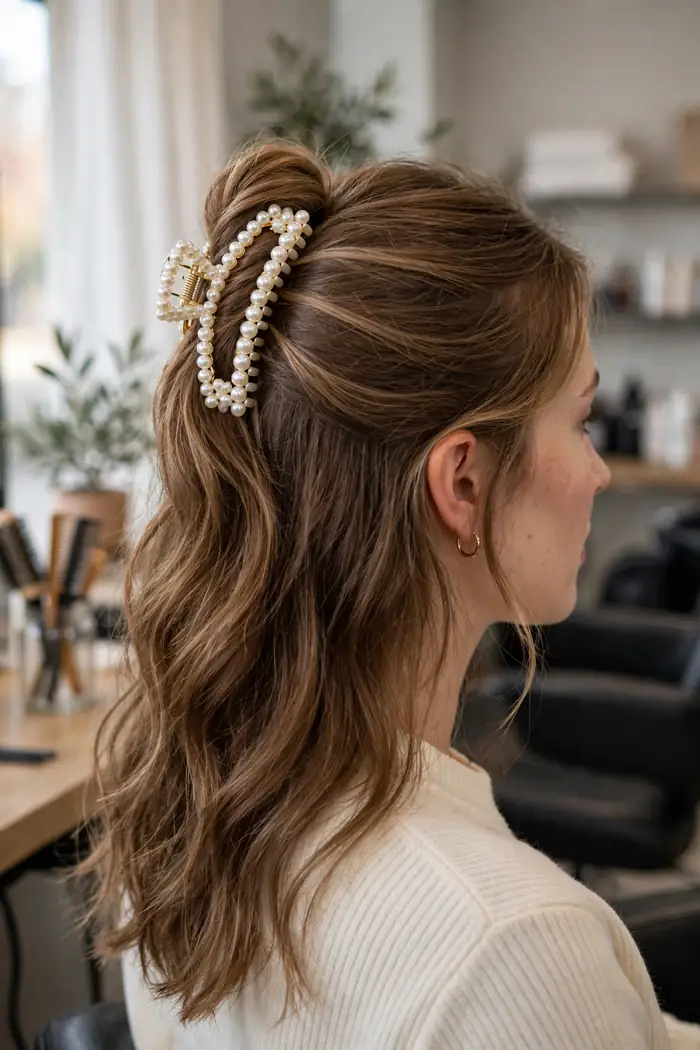 half-up hairstyle held by a pearl cluster claw clip