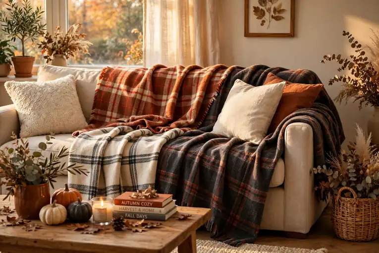 Fall home decor ideas with plaid throw blankets draped over a sofa