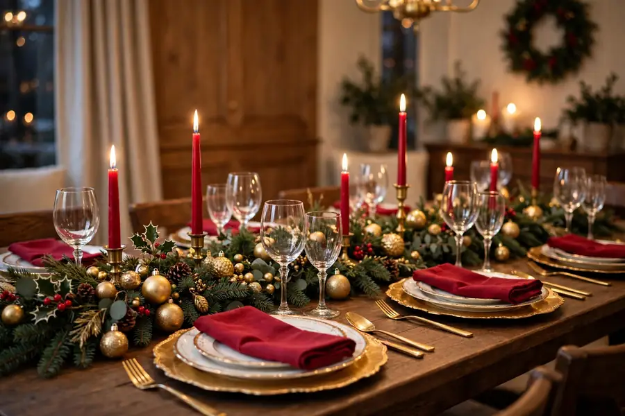 Classic red and gold christmas table setting with tapers and ornaments