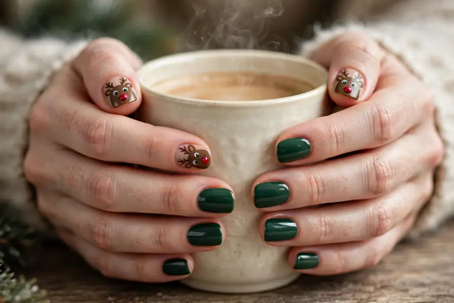 Classic Rudolph reindeer nails with a glossy red nose on real hands holding a warm mug