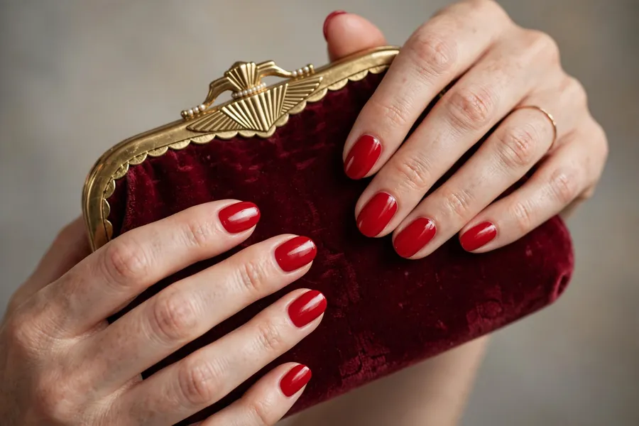 Glossy classic red oval nails on real hands holding a vintage clutch