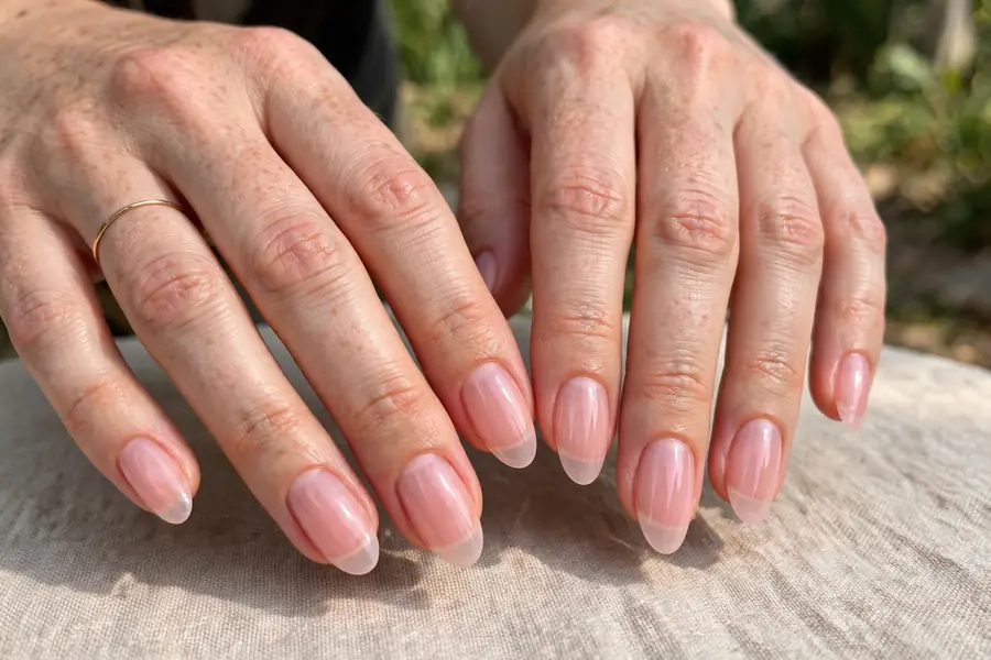 Sheer blush wash nails on real hands with a soft translucent pink manicure