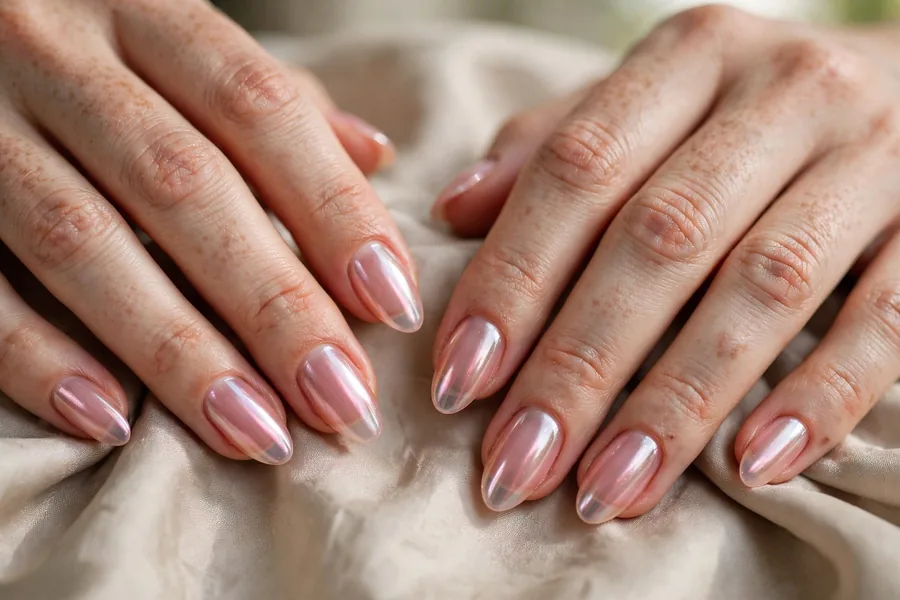 Sheer jelly pink chrome nails on almond-shaped hands with a glossy translucent finish