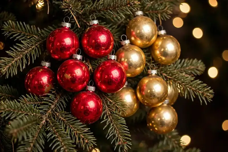 Vintage Shiny Brite glass ornaments in red and gold hanging on a Christmas tree branch