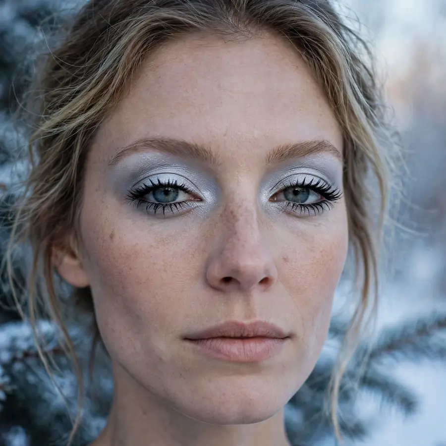 Silver frosted eyeshadow on a woman in cool winter light for a frosted makeup look